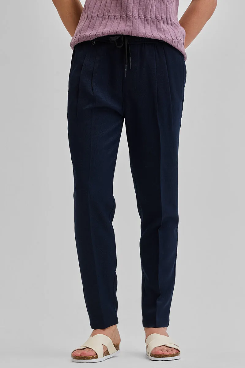 Navy Textured Relaxed Fit Trousers