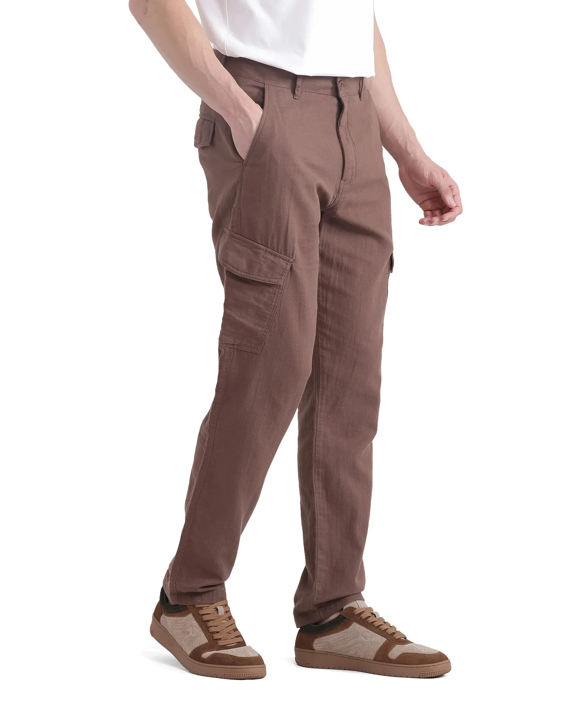 Rare Rabbit Men Presso-25 Dusky Brown Cotton Elastane Fabric Button And Zip Closure Relaxed Fit Plain Trouser