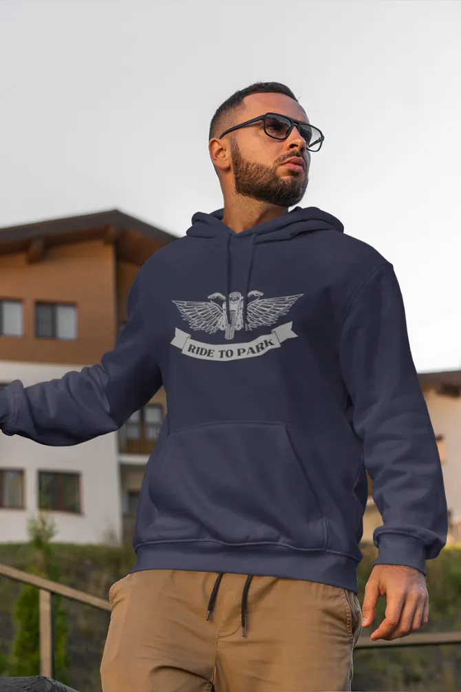 Ride To Park Navy Blue Printed Hoodie for men
