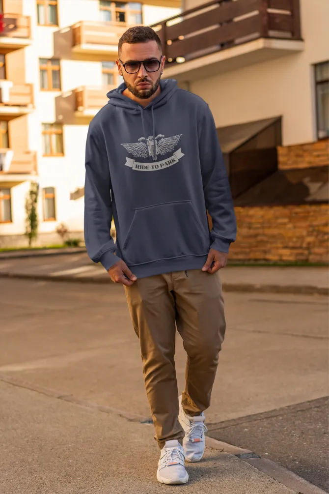 Ride To Park Navy Blue Printed Hoodie for men