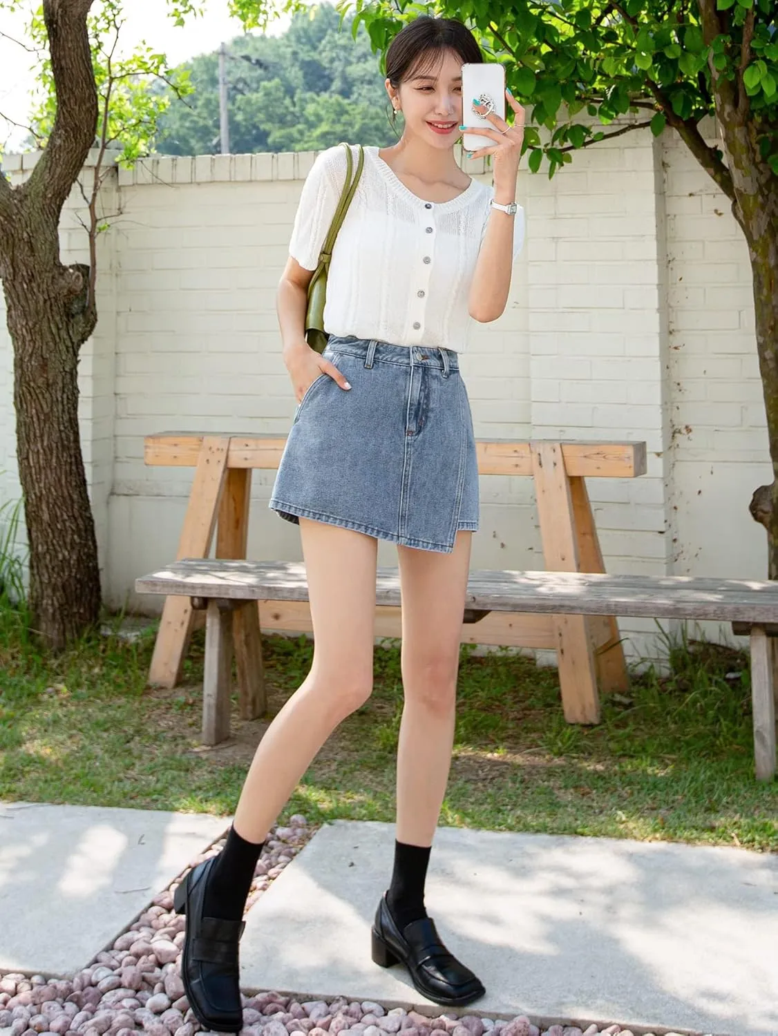 SHENHE Women's High Waisted Denim Skort Wrap Hem Asymmetrical Jean Mini Skirt Shorts