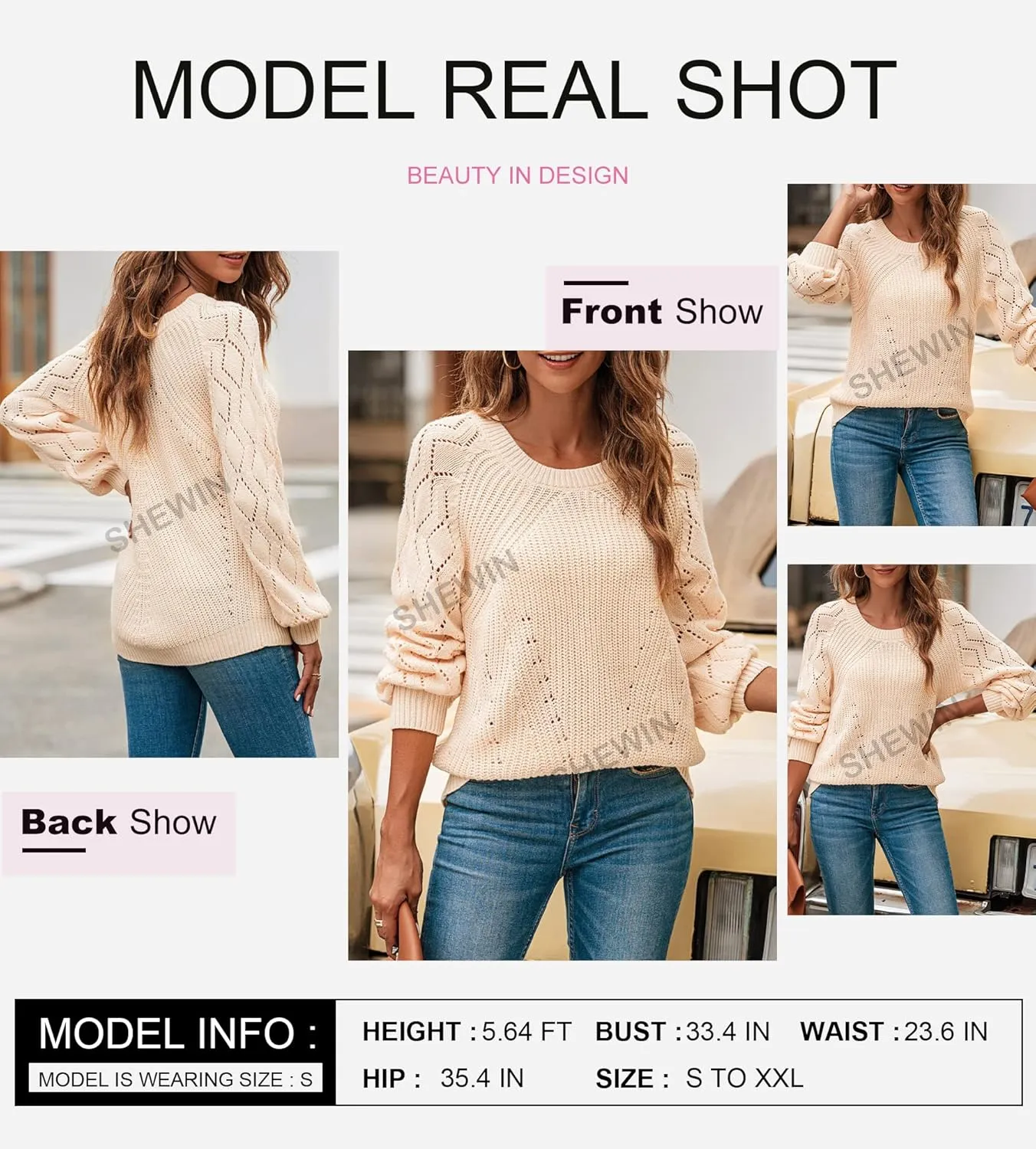SHEWIN Women's Casual Long Sleeve Crewneck Crochet Sweater Lightweight Knit Pullover Sweaters Tops