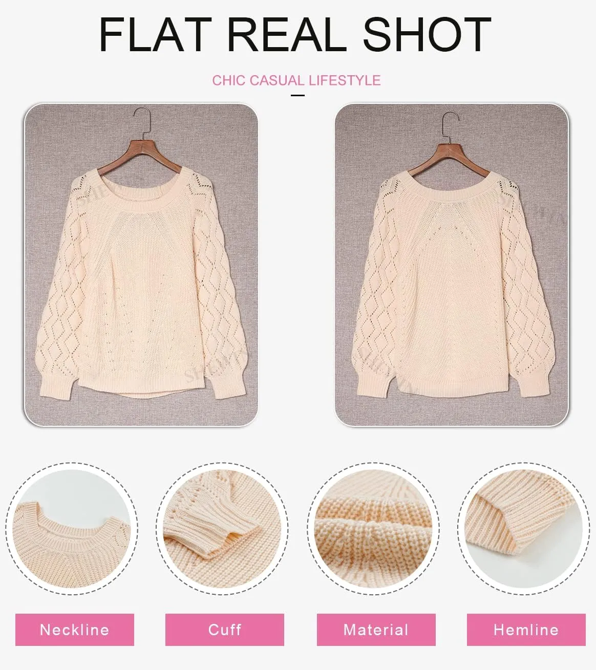 SHEWIN Women's Casual Long Sleeve Crewneck Crochet Sweater Lightweight Knit Pullover Sweaters Tops