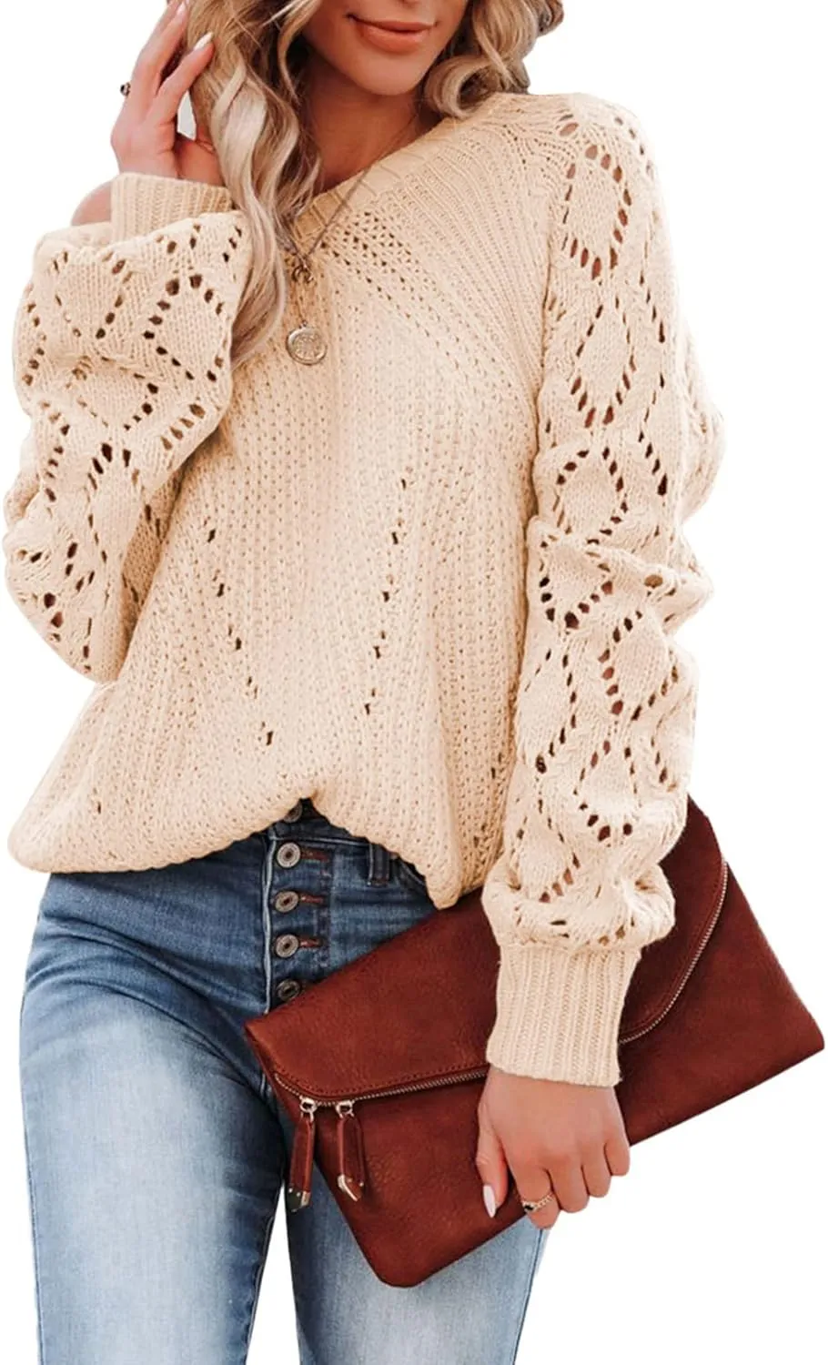 SHEWIN Women's Casual Long Sleeve Crewneck Crochet Sweater Lightweight Knit Pullover Sweaters Tops