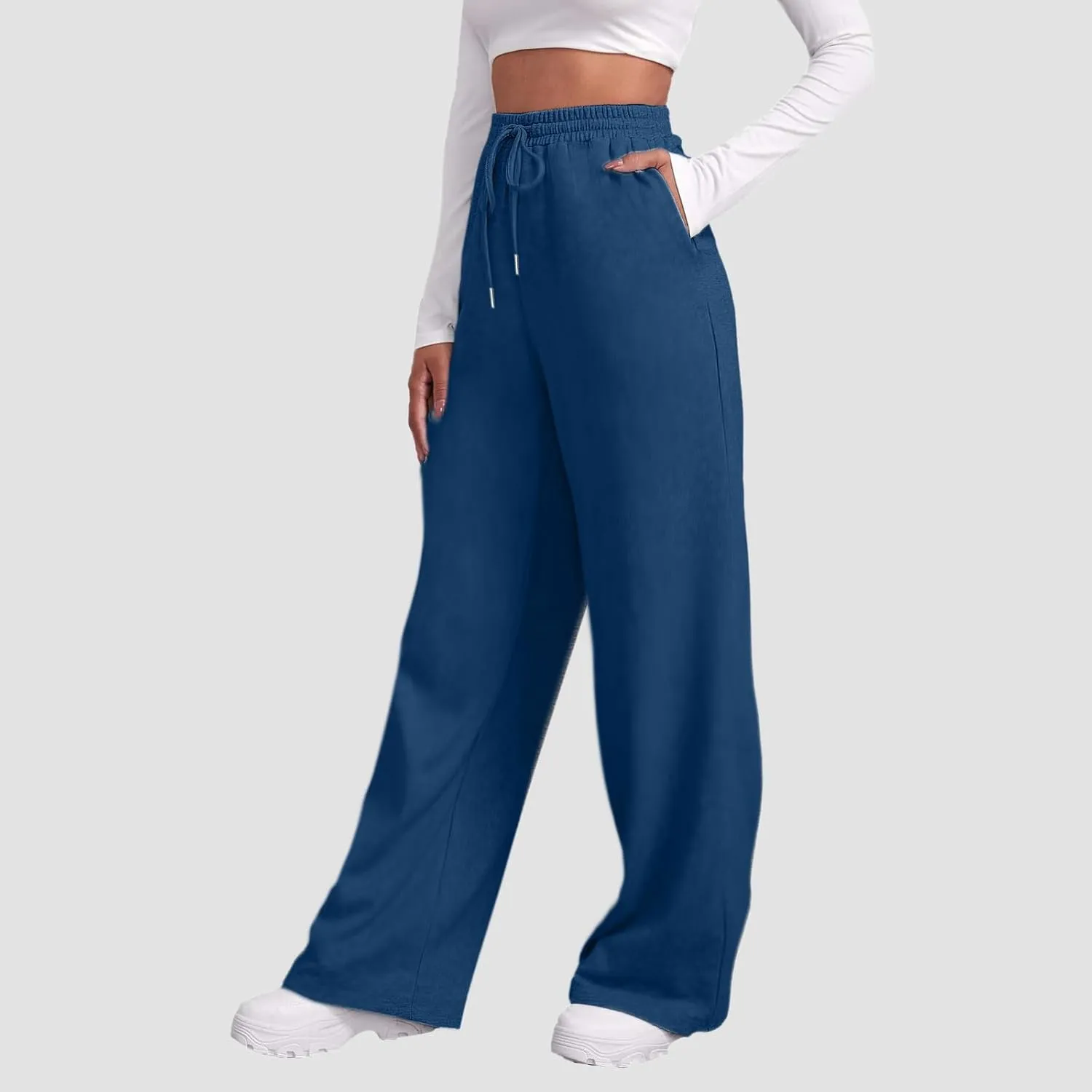 Sweatpants for Women Fleece Lined Elastic Drawstring High Waist Wide Leg Jogger Pants Soft Casual Trouser with Pocket