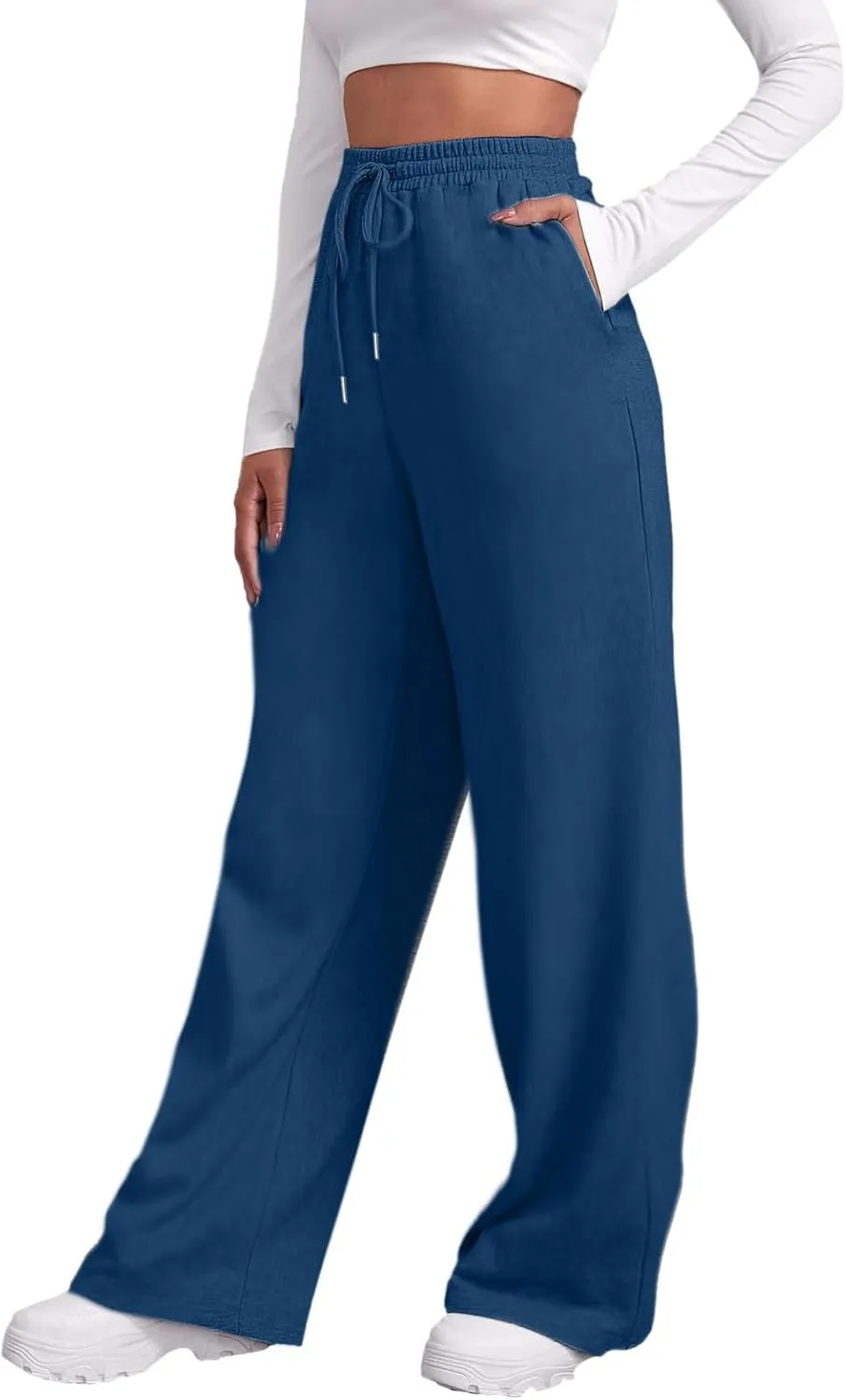 Sweatpants for Women Fleece Lined Elastic Drawstring High Waist Wide Leg Jogger Pants Soft Casual Trouser with Pocket