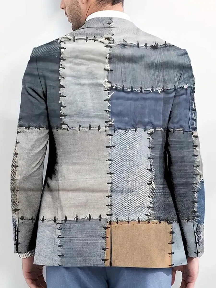 Vintage Denim Patchwork Print Single-breasted Blazer