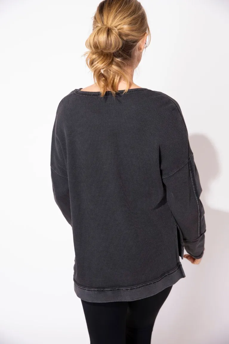 Waffle Knit Boxy Thermal Top in Black by Escape