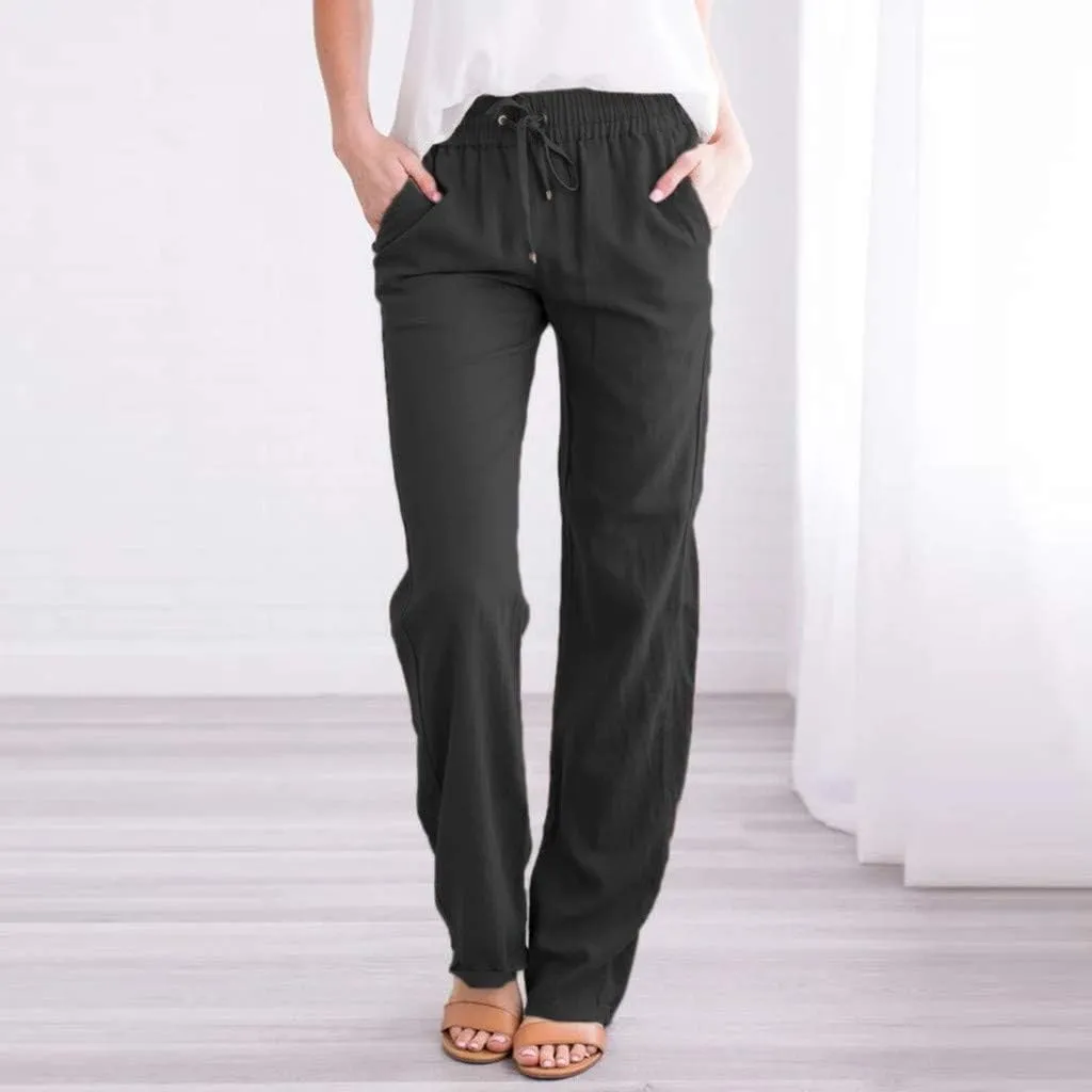 Women Linen Pants Dressy Casual Straight Leg High Elastic Waist Beach Trousers Trendy Drawstring Relaxed Fit Pant with Pocket