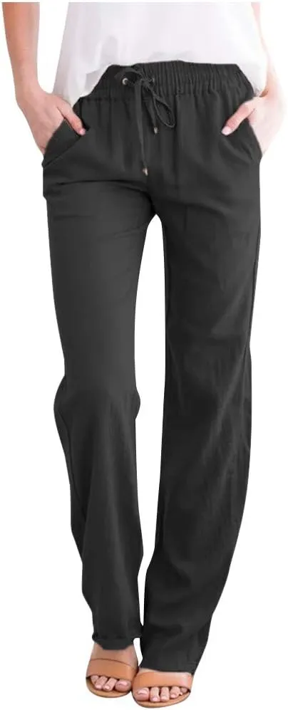 Women Linen Pants Dressy Casual Straight Leg High Elastic Waist Beach Trousers Trendy Drawstring Relaxed Fit Pant with Pocket