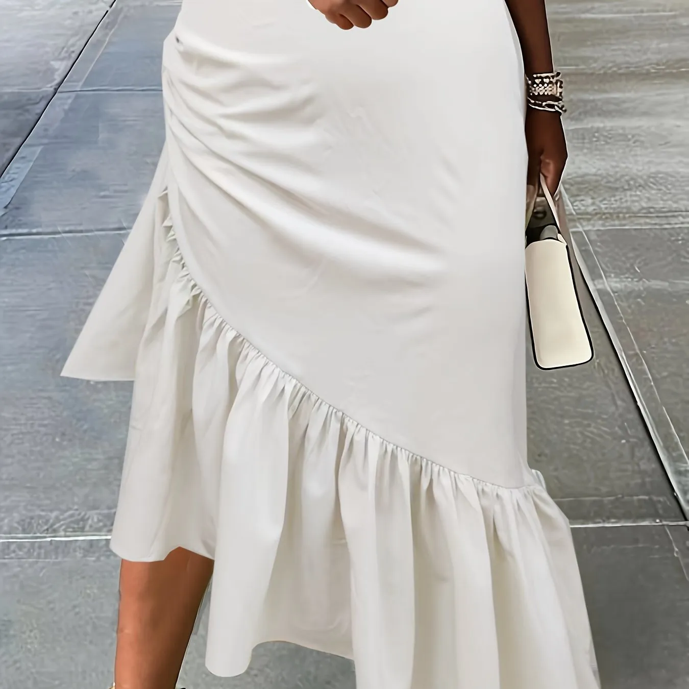 Women Plus Size Ruffle Hem Solid, Simple High Waist Elastic Skirt,