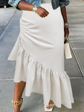 Women Plus Size Ruffle Hem Solid, Simple High Waist Elastic Skirt,