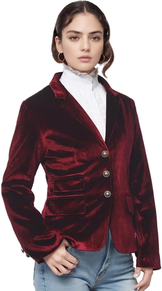 Women Vintage Velvet Blazer Jacket V-Neck Work Office Suit Slim Fit Slit Blazer Long Sleeves Dressy Coat