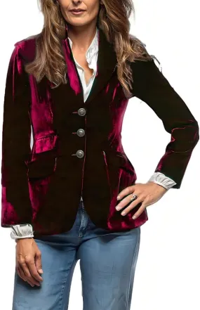 Women Vintage Velvet Blazer Jacket V-Neck Work Office Suit Slim Fit Slit Blazer Long Sleeves Dressy Coat