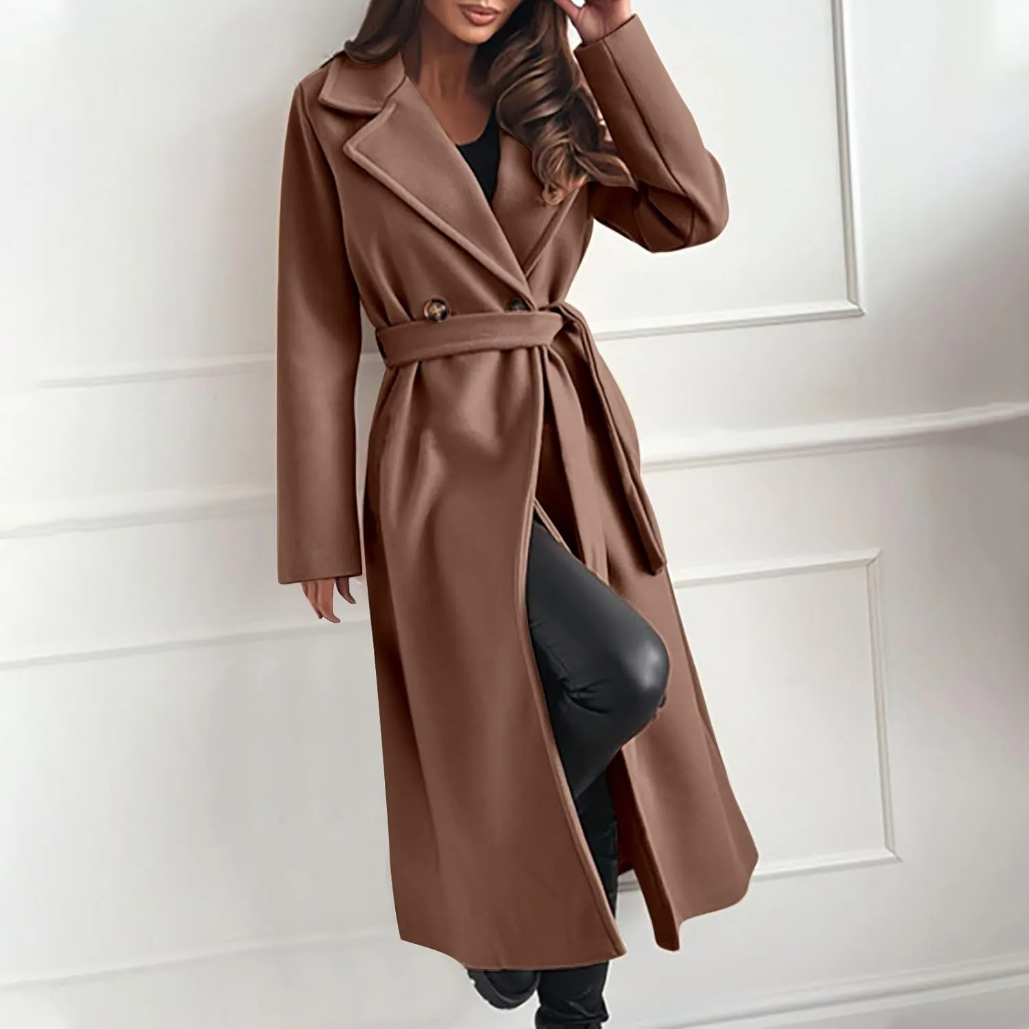 Women's Belted Casual Trench Coat, Oversized Loose Open Front Jackets Long Sleeve Elegant Evening Club Clothes Tops
