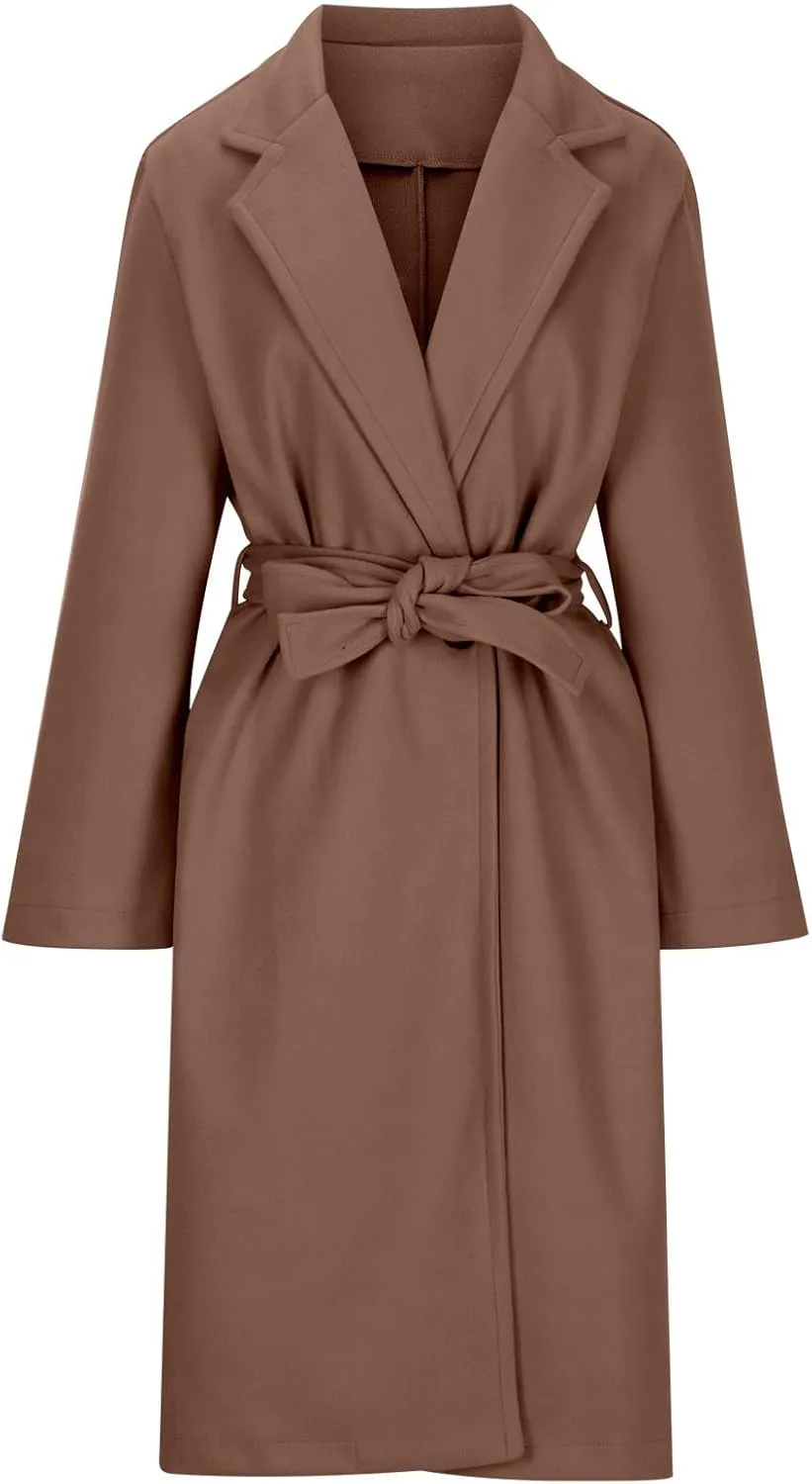 Women's Belted Casual Trench Coat, Oversized Loose Open Front Jackets Long Sleeve Elegant Evening Club Clothes Tops
