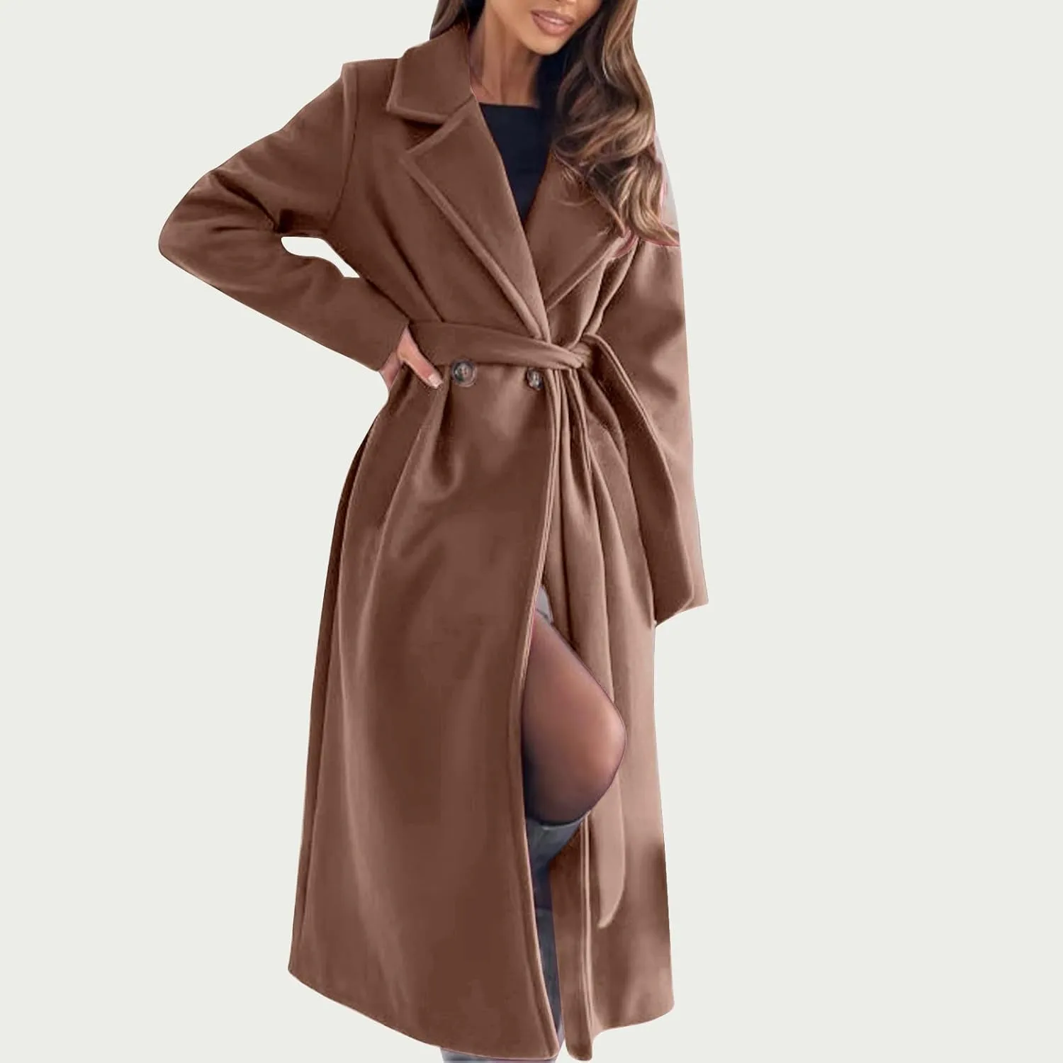 Women's Belted Casual Trench Coat, Oversized Loose Open Front Jackets Long Sleeve Elegant Evening Club Clothes Tops