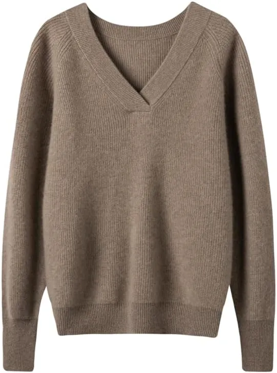 Women's Cashmere and Merino Wool Blend V Neck Sweater Lightweight Knit Sweater