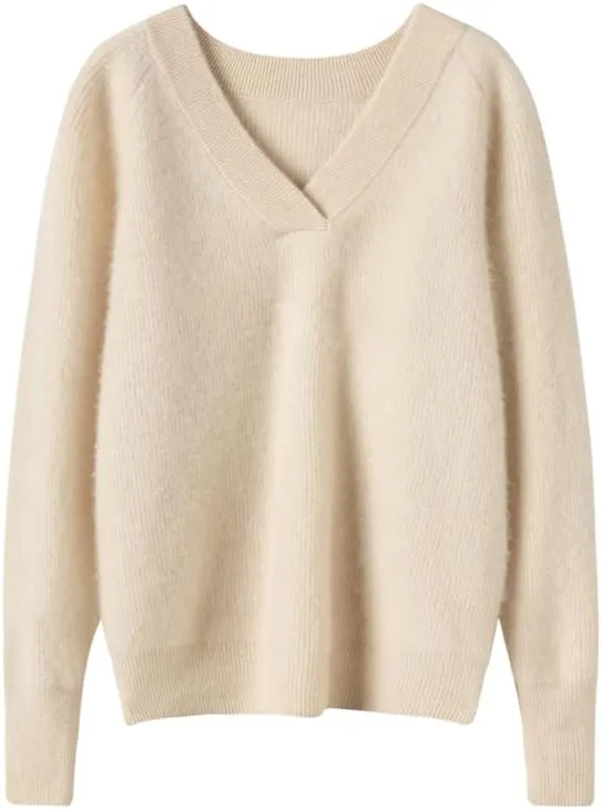 Women's Cashmere and Merino Wool Blend V Neck Sweater Lightweight Knit Sweater