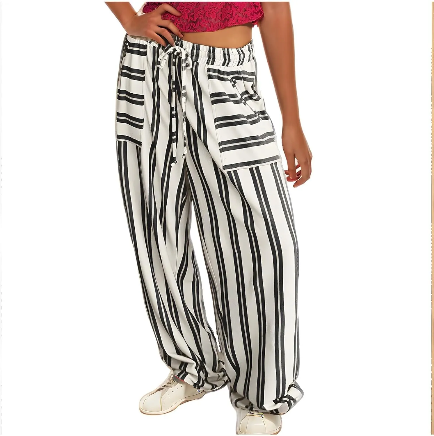 Women's Casual Pants High Waisted Striped Straight Wide Leg Ladies Baggy Relaxed Fit Y2k Trousers Pockets Plus Size