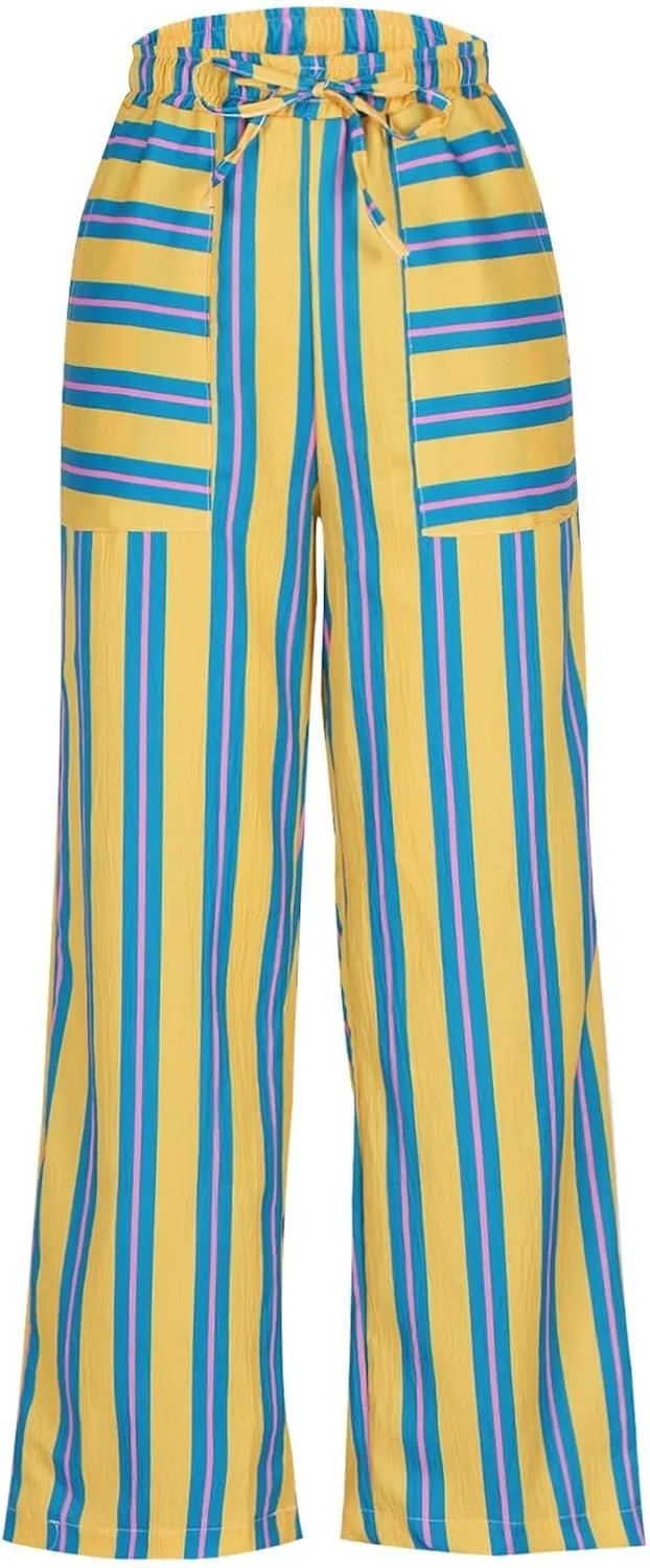 Women's Casual Pants High Waisted Striped Straight Wide Leg Ladies Baggy Relaxed Fit Y2k Trousers Pockets Plus Size