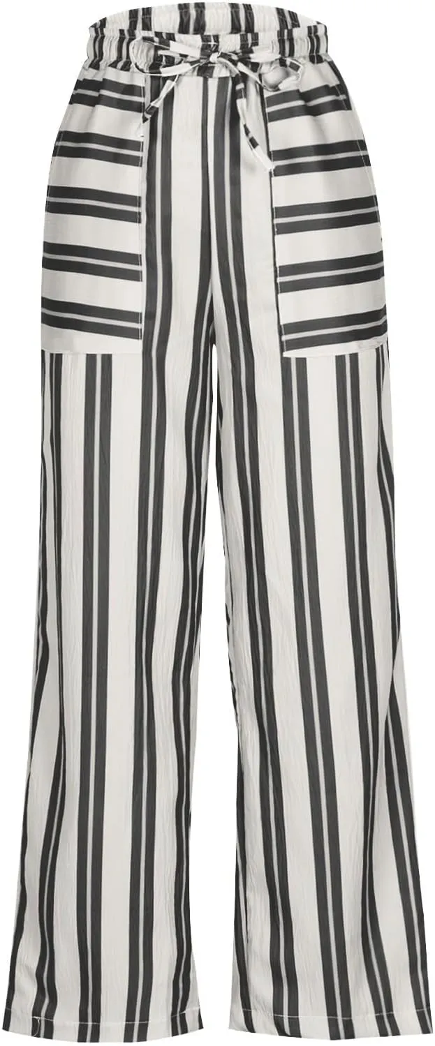 Women's Casual Pants High Waisted Striped Straight Wide Leg Ladies Baggy Relaxed Fit Y2k Trousers Pockets Plus Size