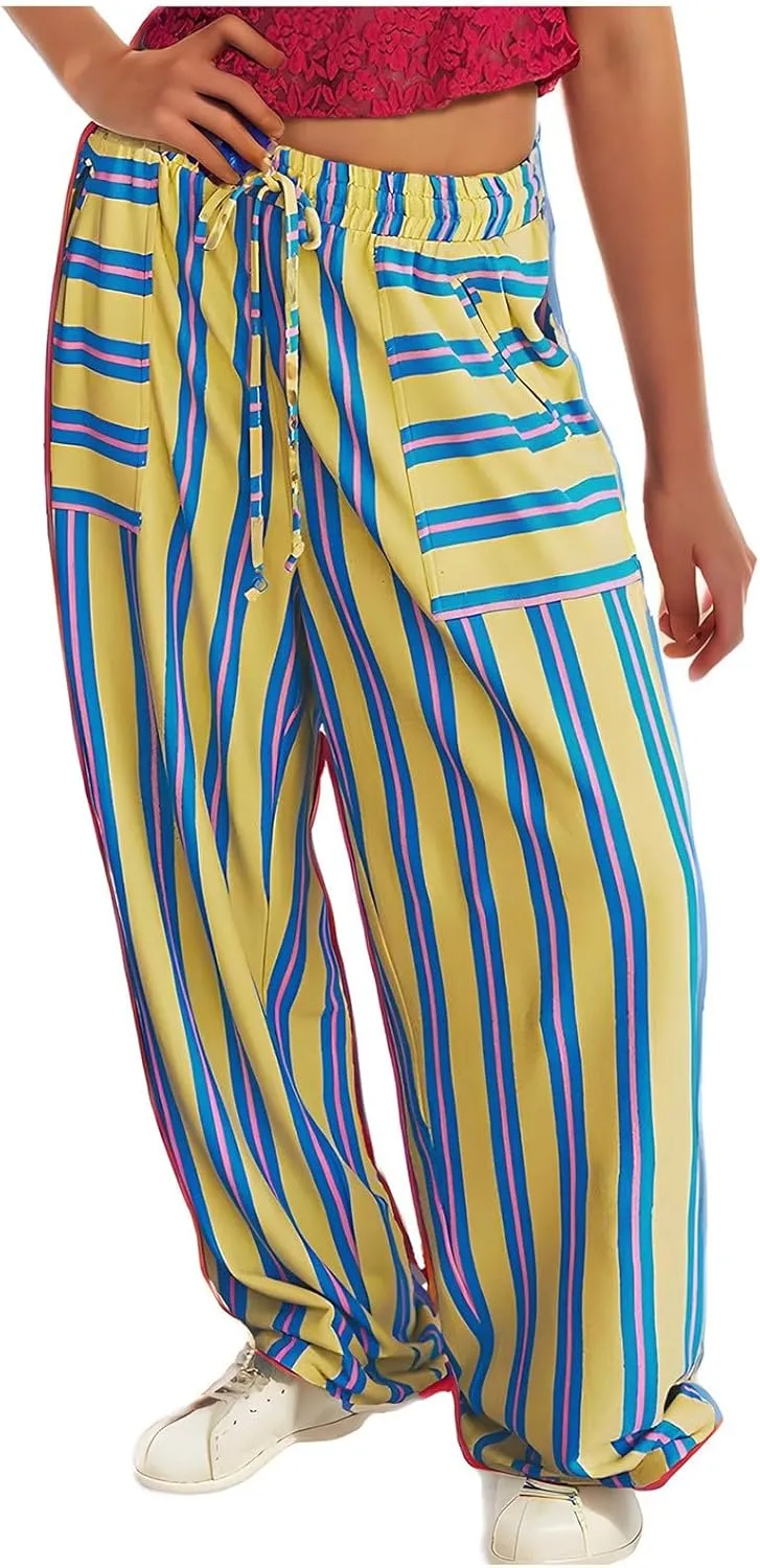 Women's Casual Pants High Waisted Striped Straight Wide Leg Ladies Baggy Relaxed Fit Y2k Trousers Pockets Plus Size
