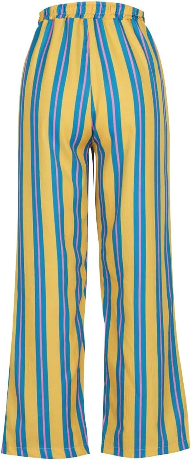 Women's Casual Pants High Waisted Striped Straight Wide Leg Ladies Baggy Relaxed Fit Y2k Trousers Pockets Plus Size