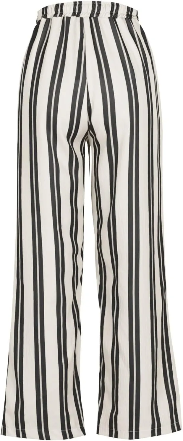 Women's Casual Pants High Waisted Striped Straight Wide Leg Ladies Baggy Relaxed Fit Y2k Trousers Pockets Plus Size