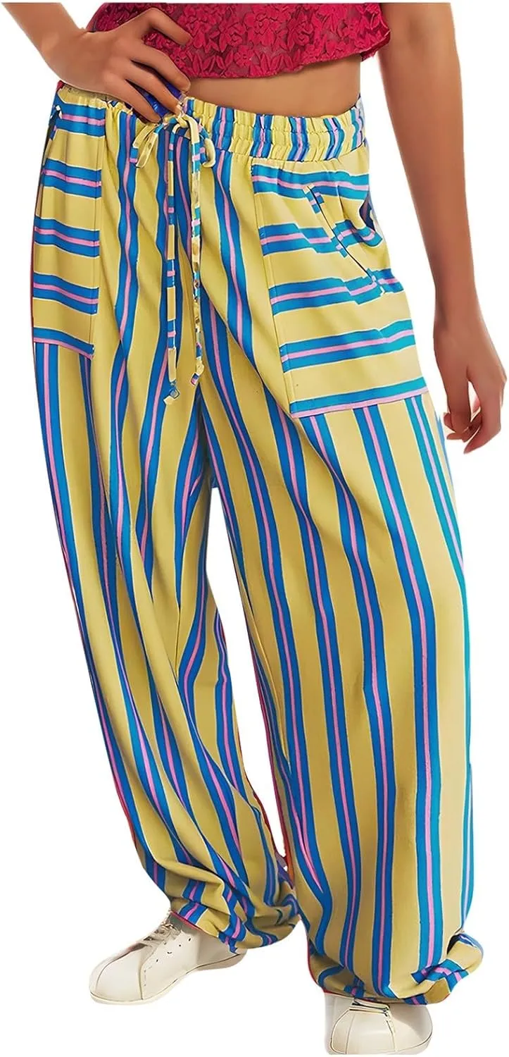 Women's Casual Pants High Waisted Striped Straight Wide Leg Ladies Baggy Relaxed Fit Y2k Trousers Pockets Plus Size