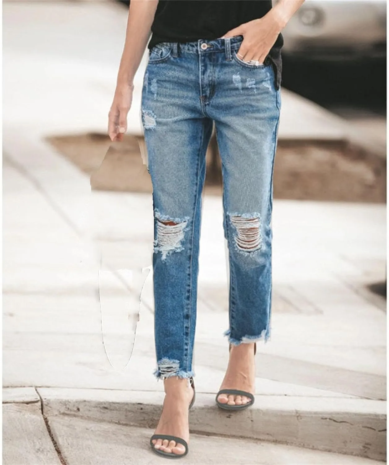 Women's Fashion Ripped Jeans Business Casual Loose Fit Stretch Curve Jeans High Waist Straight Leg Pants Solid Color