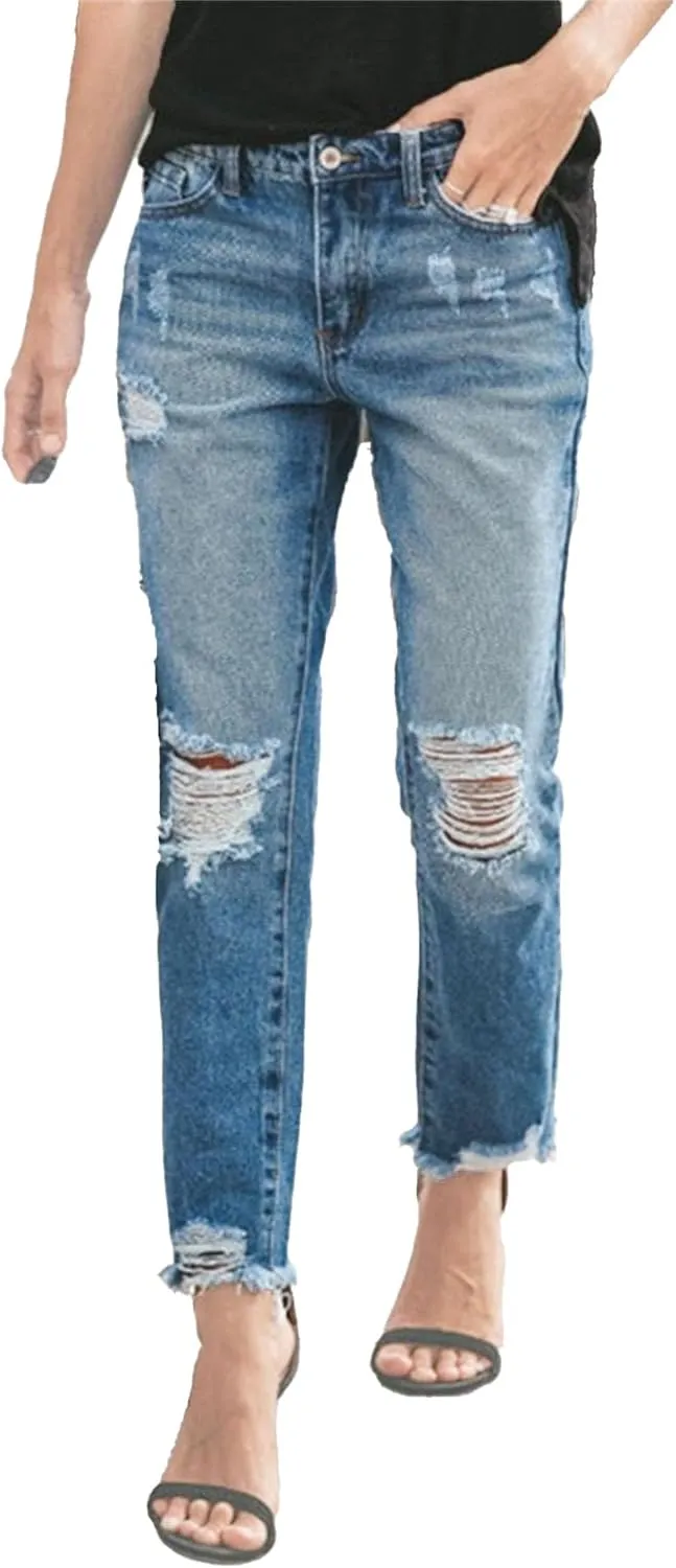 Women's Fashion Ripped Jeans Business Casual Loose Fit Stretch Curve Jeans High Waist Straight Leg Pants Solid Color