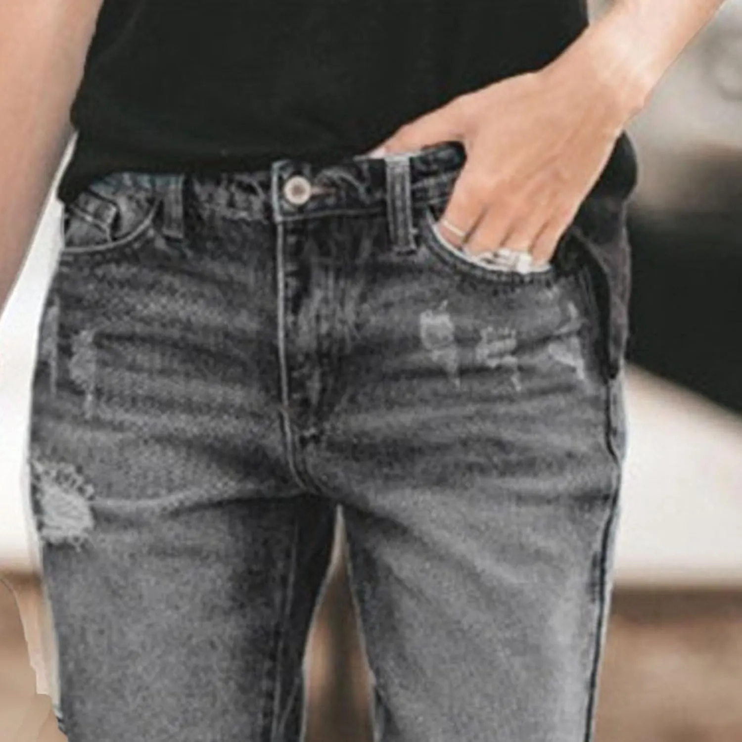 Women's Fashion Ripped Jeans Business Casual Loose Fit Stretch Curve Jeans High Waist Straight Leg Pants Solid Color