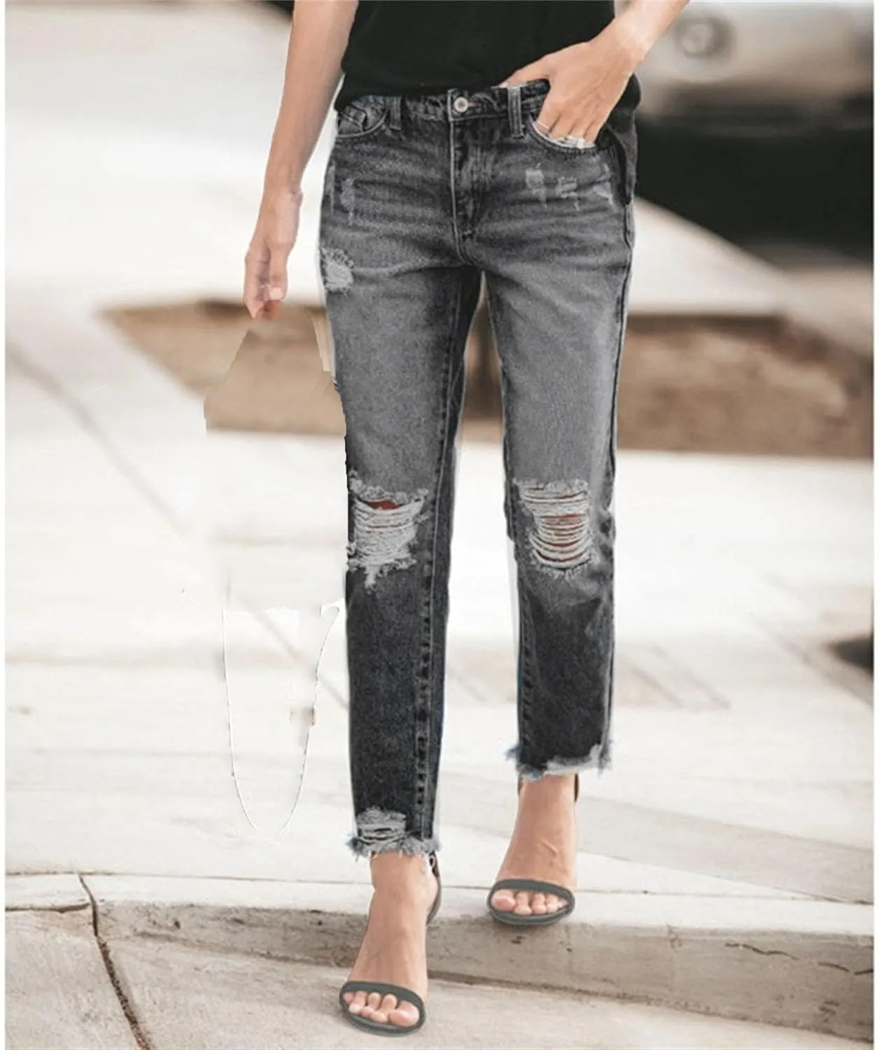 Women's Fashion Ripped Jeans Business Casual Loose Fit Stretch Curve Jeans High Waist Straight Leg Pants Solid Color