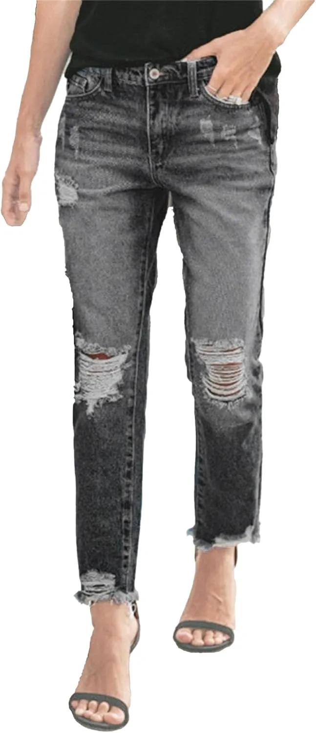 Women's Fashion Ripped Jeans Business Casual Loose Fit Stretch Curve Jeans High Waist Straight Leg Pants Solid Color