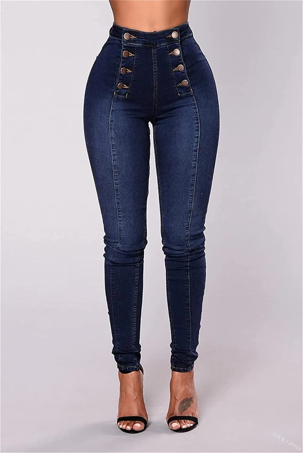 Women's High Waist Butt Lift Jeans Double Breasted Skinny Jeans Stretch Slim Denim Pants Calf Jeans Trousers (Medium,Blue)