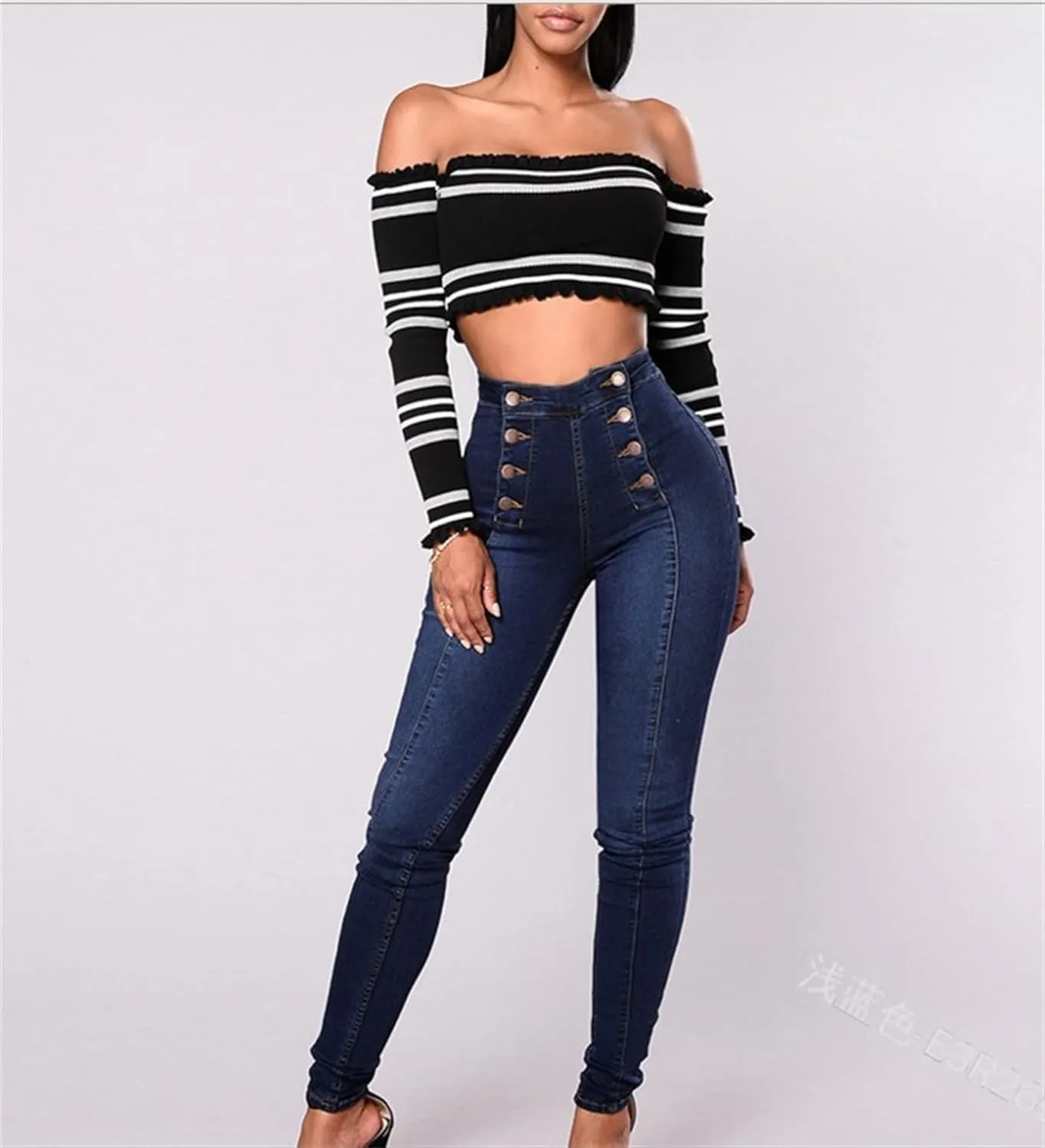 Women's High Waist Butt Lift Jeans Double Breasted Skinny Jeans Stretch Slim Denim Pants Calf Jeans Trousers (Medium,Blue)