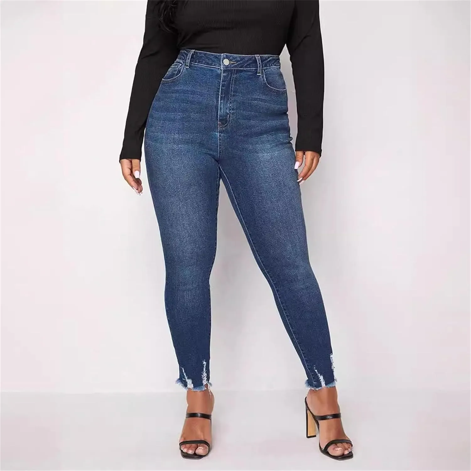 Women's Mid Rise Raw Edge Jeans 2025 Spring Slim Fit Skinny Pants Tight Fashion Casual Pants Large Size Jeans