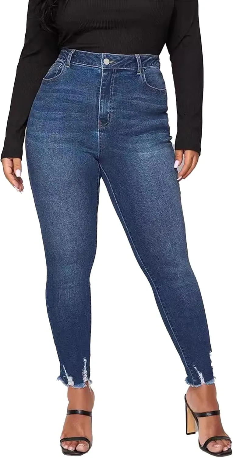 Women's Mid Rise Raw Edge Jeans 2025 Spring Slim Fit Skinny Pants Tight Fashion Casual Pants Large Size Jeans