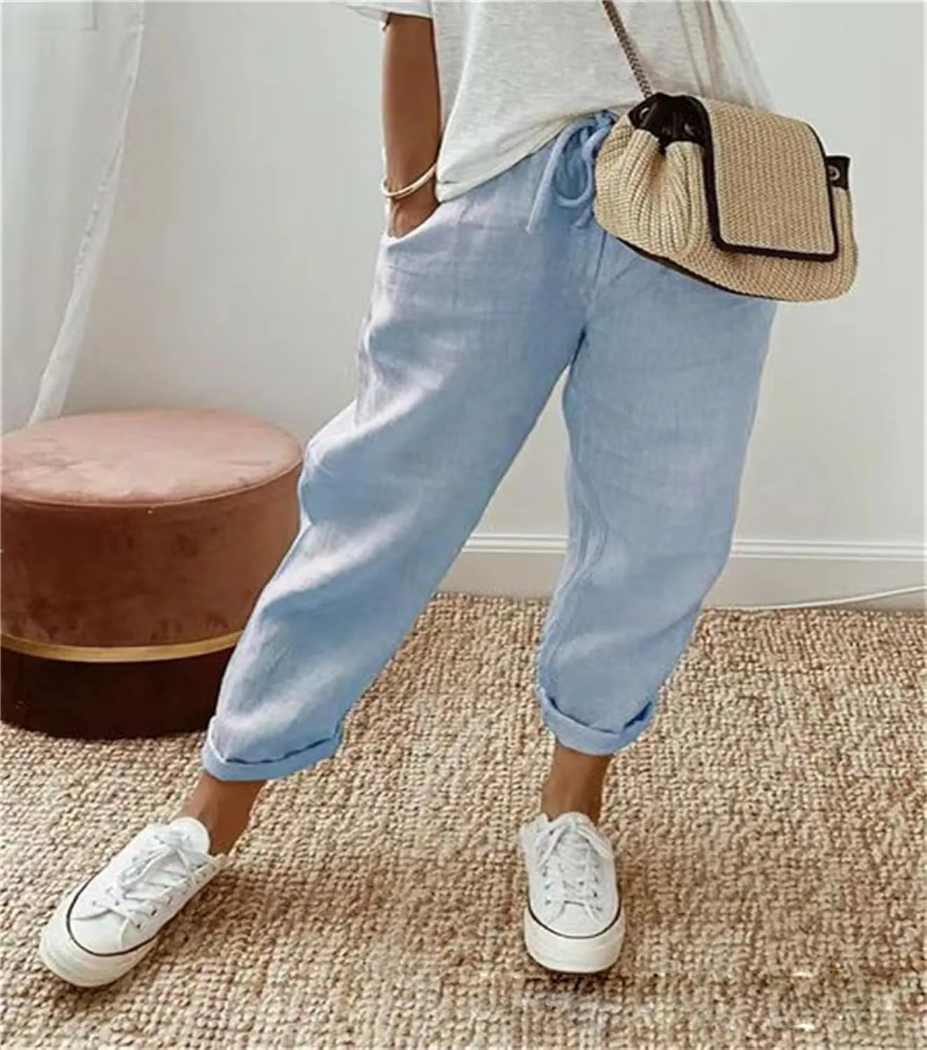 Womens Summer Casual Linen Pants Elastic Waist Relaxed Fit Straight Leg Pants Beach Trousers with Pockets for Women