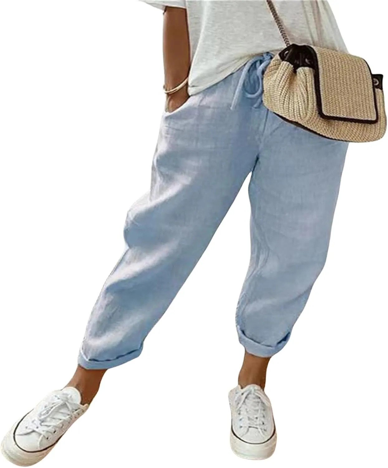 Womens Summer Casual Linen Pants Elastic Waist Relaxed Fit Straight Leg Pants Beach Trousers with Pockets for Women